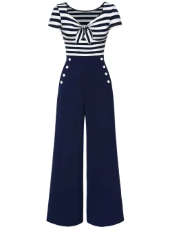 Hot Retro Stage Blue 1950s Hollow Bow Stripe Patchwork Jumpsuit