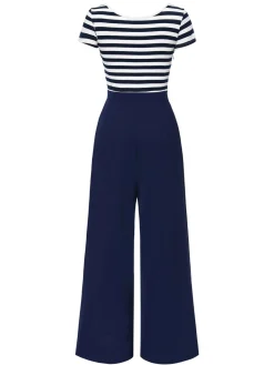 Hot Retro Stage Blue 1950s Hollow Bow Stripe Patchwork Jumpsuit