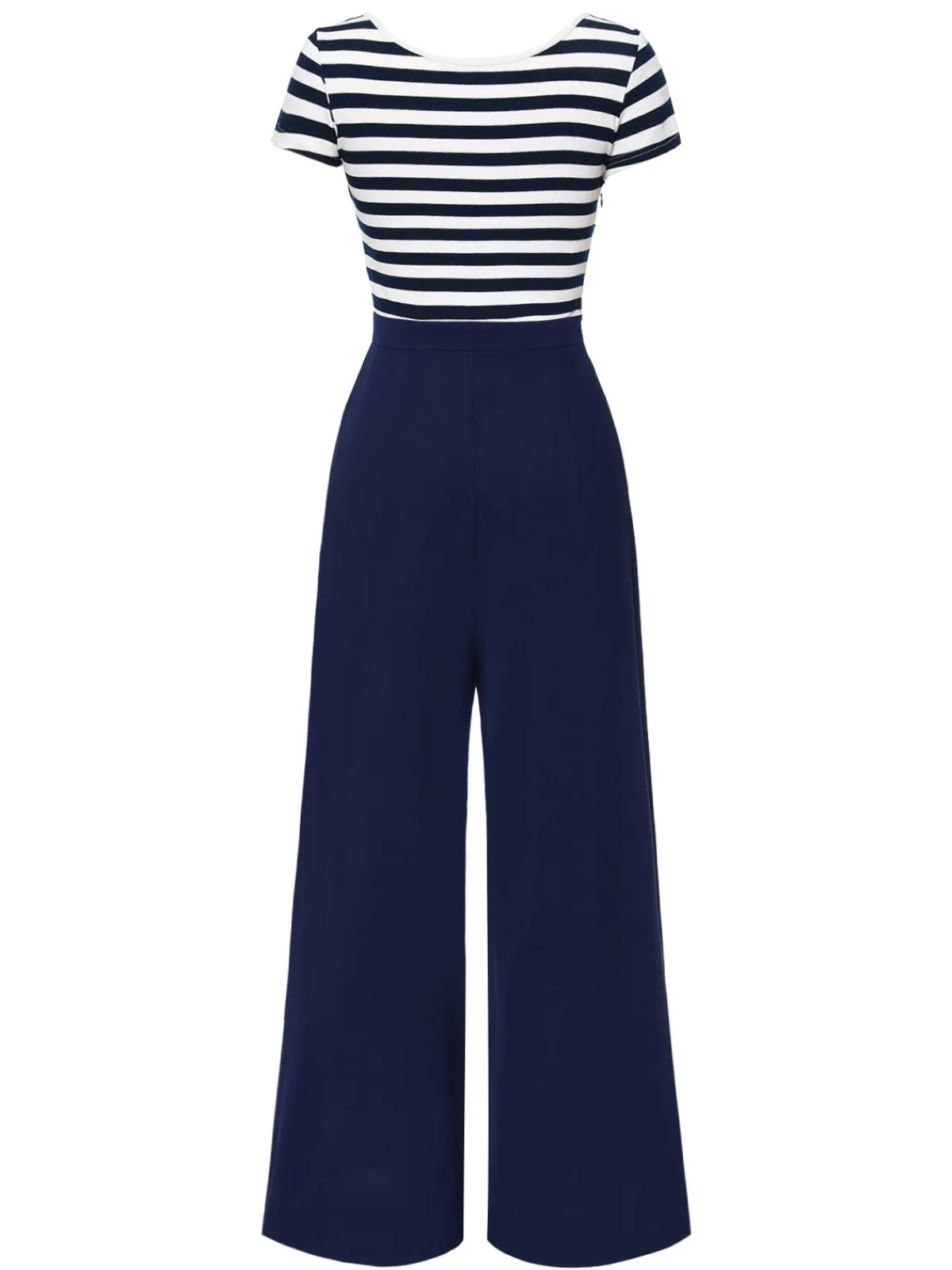 Hot Retro Stage Blue 1950s Hollow Bow Stripe Patchwork Jumpsuit