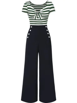 Hot Retro Stage Blue 1950s Hollow Bow Stripe Patchwork Jumpsuit