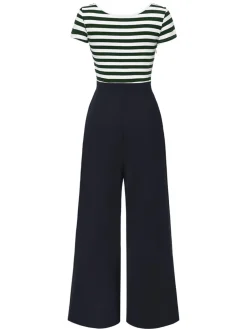 Hot Retro Stage Blue 1950s Hollow Bow Stripe Patchwork Jumpsuit