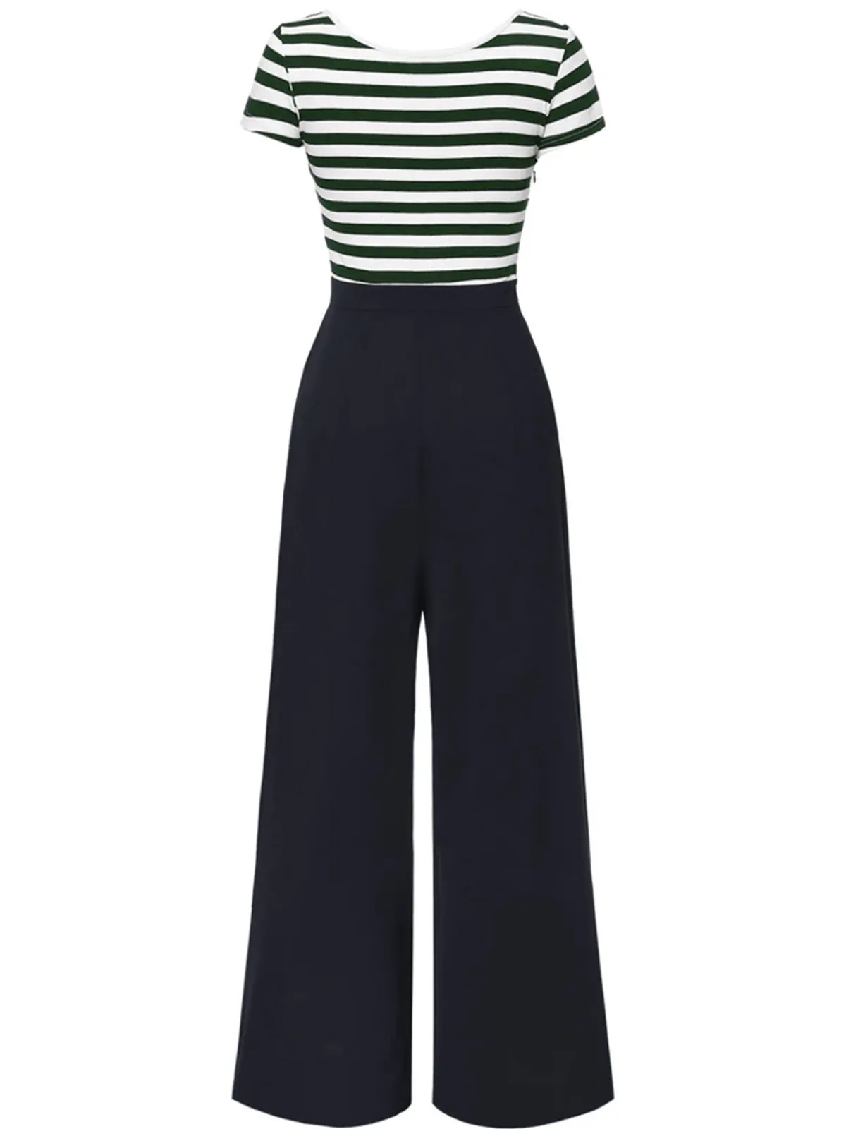 Hot Retro Stage Blue 1950s Hollow Bow Stripe Patchwork Jumpsuit