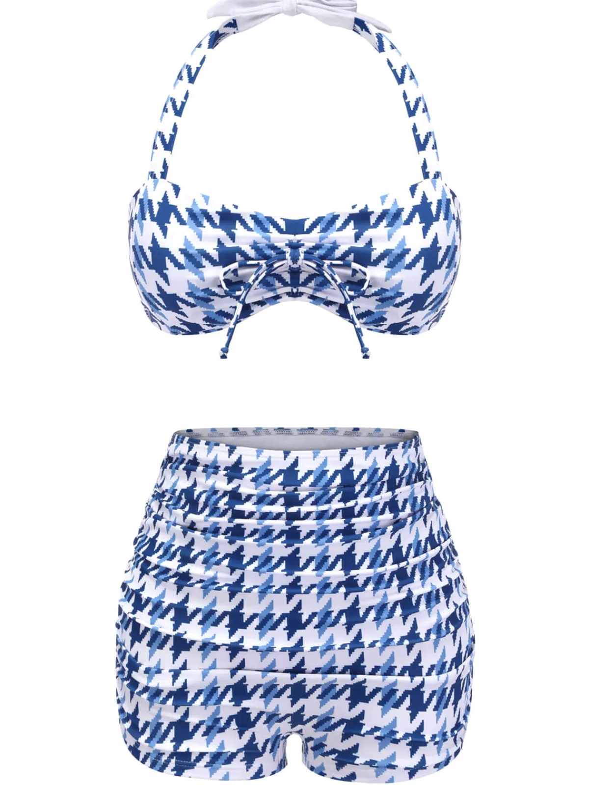 Clearance Retro Stage 1940s Houndstooth Bow Halter Swimsuit Blue