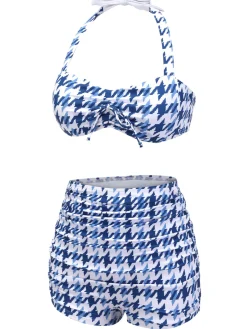 Clearance Retro Stage 1940s Houndstooth Bow Halter Swimsuit Blue