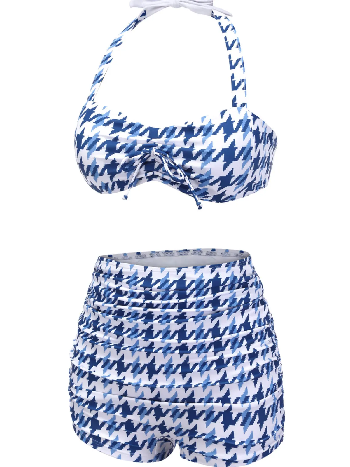 Clearance Retro Stage 1940s Houndstooth Bow Halter Swimsuit Blue