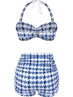 Clearance Retro Stage 1940s Houndstooth Bow Halter Swimsuit Blue