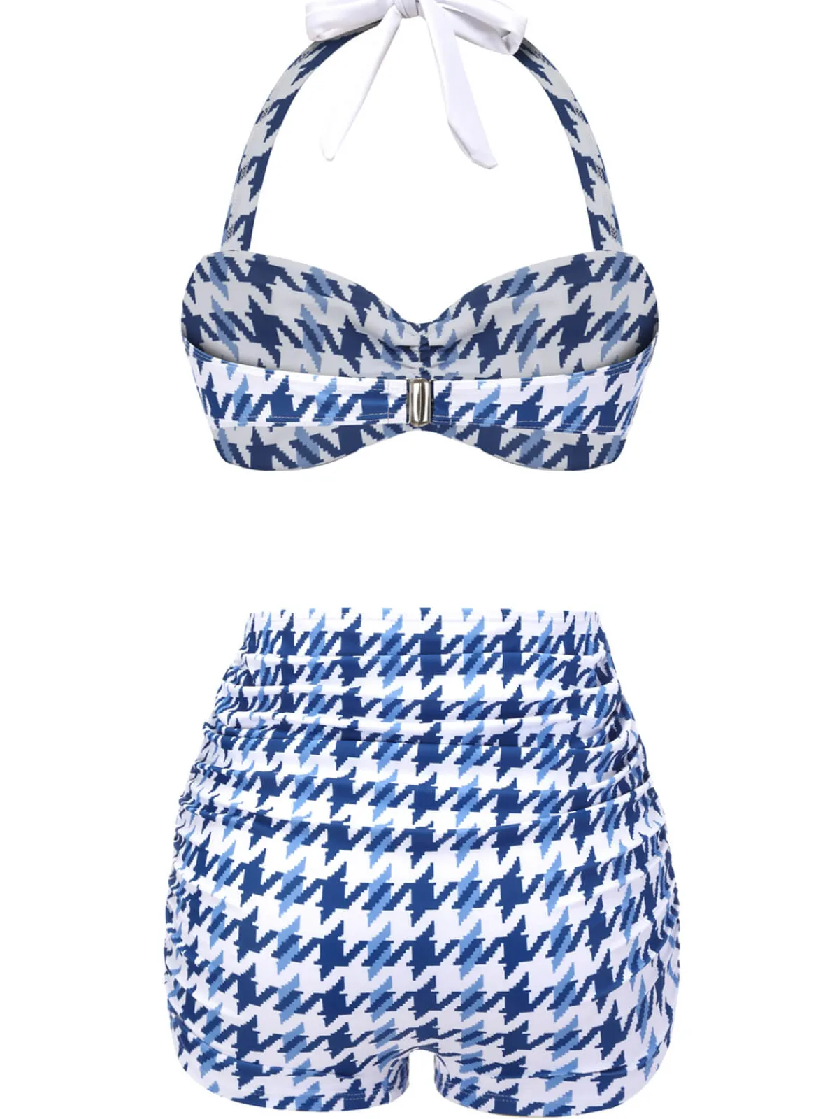 Clearance Retro Stage 1940s Houndstooth Bow Halter Swimsuit Blue