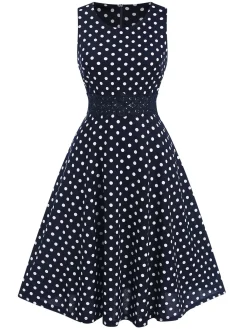 Clearance Retro Stage Blue 1940s Lace Patchwork Polka Dots Dress Deep Blue