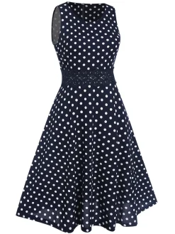 Clearance Retro Stage Blue 1940s Lace Patchwork Polka Dots Dress Deep Blue