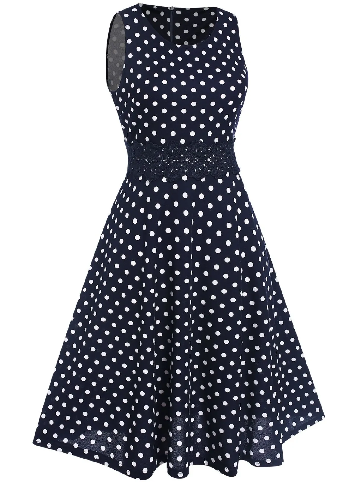 Clearance Retro Stage Blue 1940s Lace Patchwork Polka Dots Dress Deep Blue