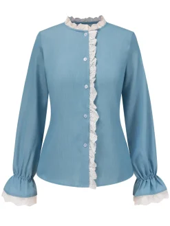 New Retro Stage 1950s Lace Trim Buttoned Blouse Blue
