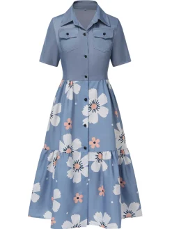 New Retro Stage 1940s Lapel Button Floral Dress Blue