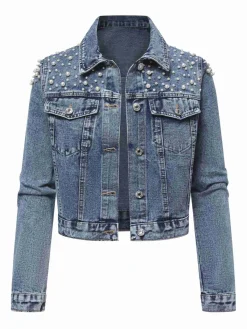 Sale Retro Stage 1950s Lapel Pearls Denim Short Coat Blue
