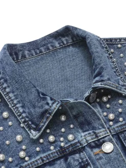Sale Retro Stage 1950s Lapel Pearls Denim Short Coat Blue