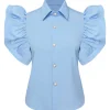 Sale Retro Stage Blue 1950s Lapel Ruffles Sleeve Solid Blouse
