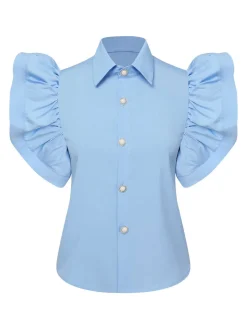 Sale Retro Stage Blue 1950s Lapel Ruffles Sleeve Solid Blouse
