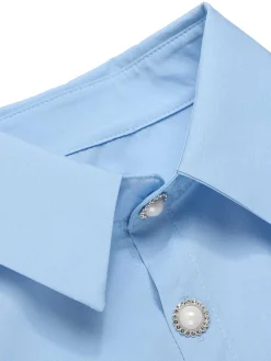 Sale Retro Stage Blue 1950s Lapel Ruffles Sleeve Solid Blouse