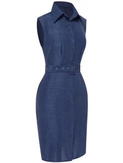 Sale Retro Stage 1960s Lapel Sleeveless Belted Dress Blue
