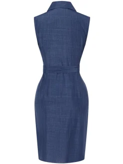 Sale Retro Stage 1960s Lapel Sleeveless Belted Dress Blue