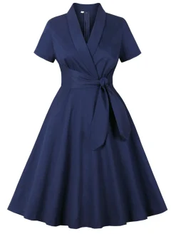 Fashion Retro Stage Blue 1950s Lapel Waist-Tie Cotton Dress Dark Blue