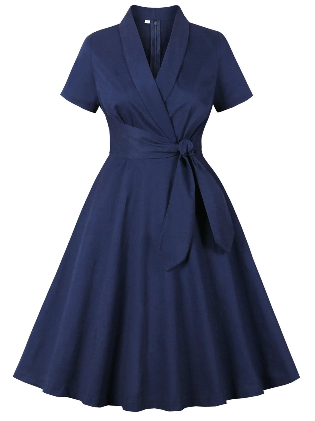 Fashion Retro Stage Blue 1950s Lapel Waist-Tie Cotton Dress Dark Blue