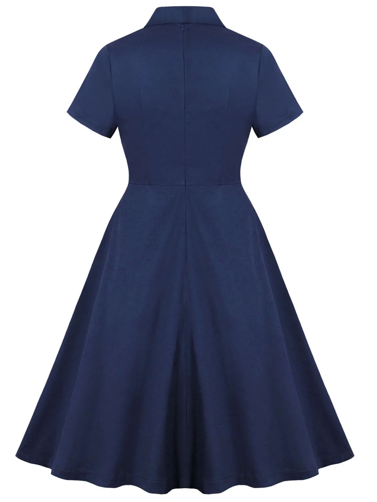 Fashion Retro Stage Blue 1950s Lapel Waist-Tie Cotton Dress Dark Blue