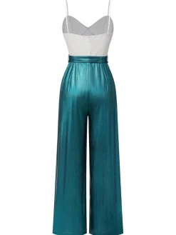 Clearance Retro Stage 1930s Laser Flashing Spaghetti Strap Jumpsuit Blue