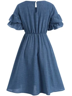 Clearance Retro Stage 1940s Layered Ruffle Sleeve A-Line Dress Blue