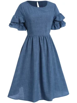 Clearance Retro Stage 1940s Layered Ruffle Sleeve A-Line Dress Blue