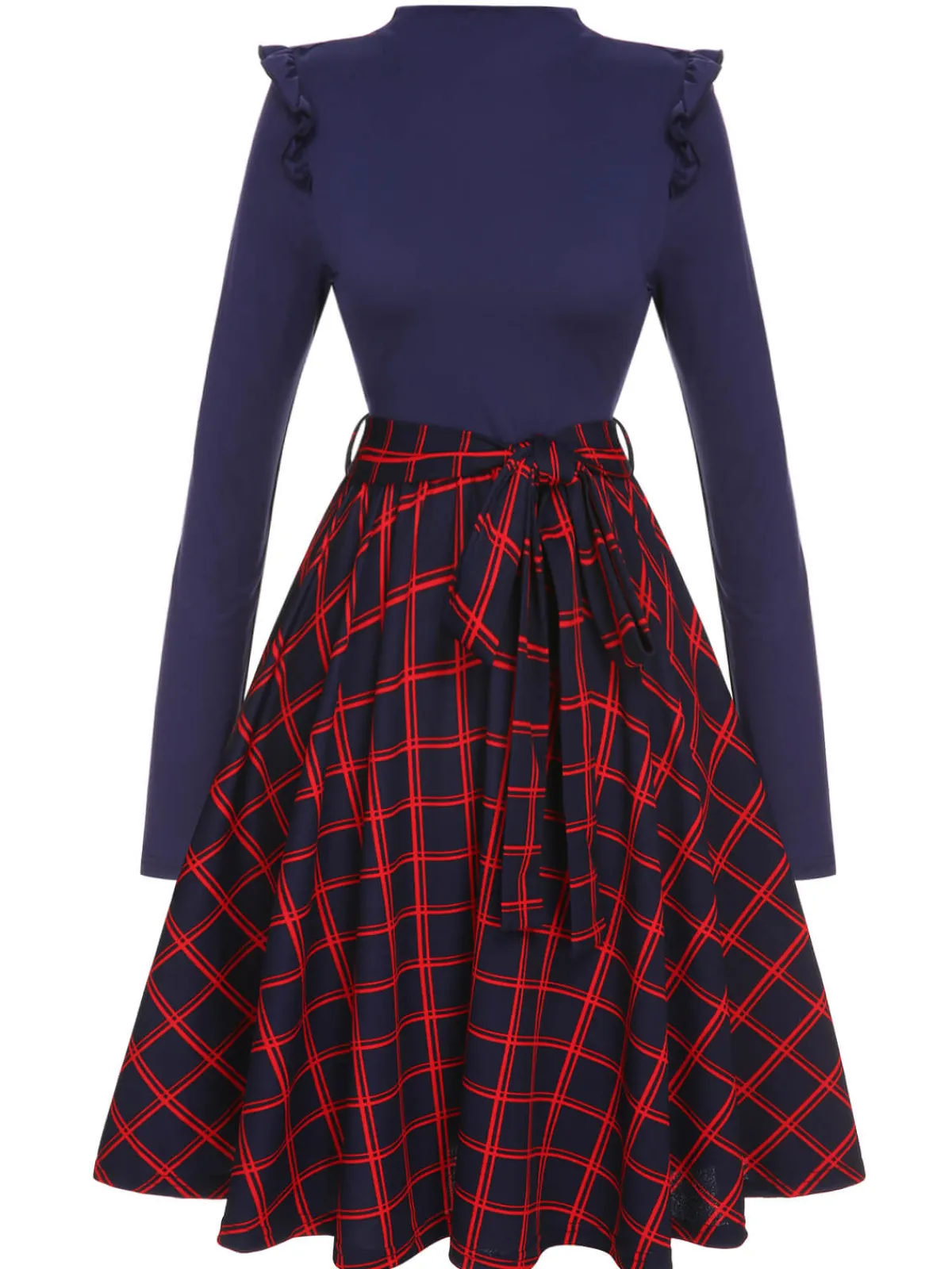 Online Retro Stage 1950s Long Sleeve Plaid Dress Blue