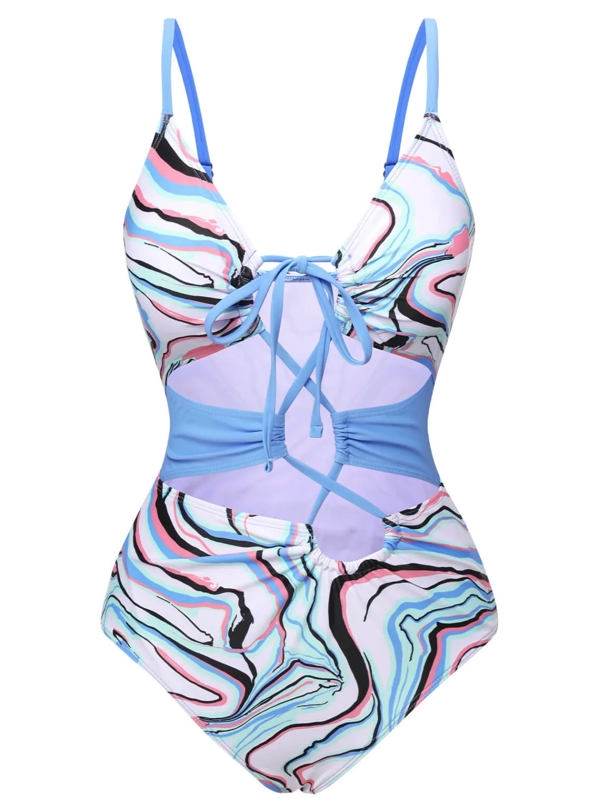 Fashion Retro Stage 1970s Marble Print Hollow One-Piece Swimsuit Blue