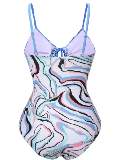 Fashion Retro Stage 1970s Marble Print Hollow One-Piece Swimsuit Blue
