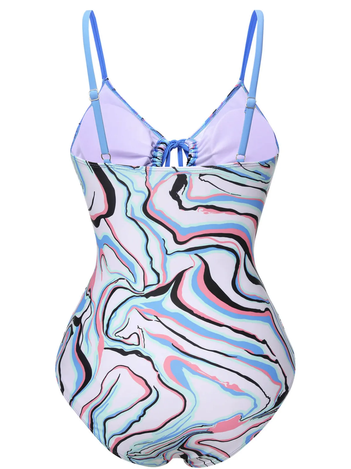 Fashion Retro Stage 1970s Marble Print Hollow One-Piece Swimsuit Blue