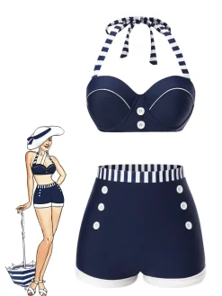 Clearance Retro Stage Blue 1940s Navy Style Patchwork Swimsuit Dark Blue