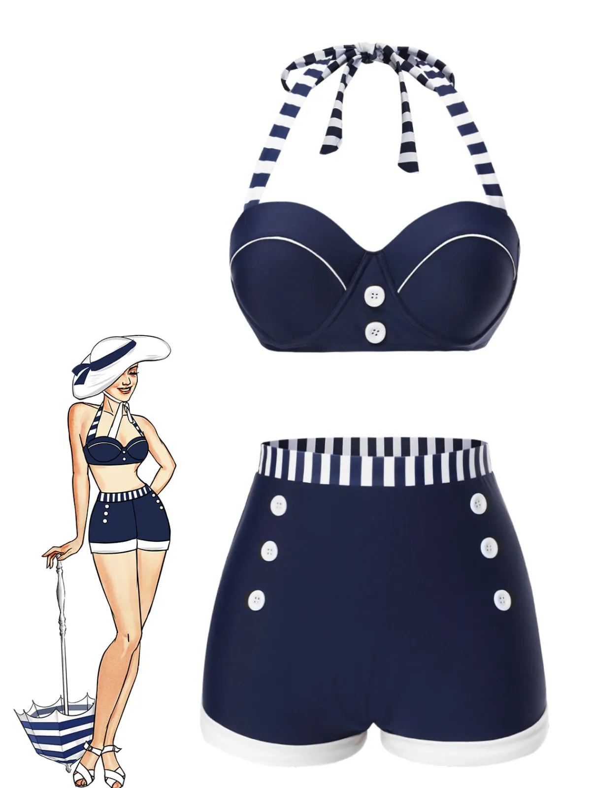 Clearance Retro Stage Blue 1940s Navy Style Patchwork Swimsuit Dark Blue