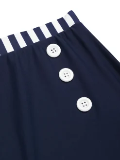 Clearance Retro Stage Blue 1940s Navy Style Patchwork Swimsuit Dark Blue