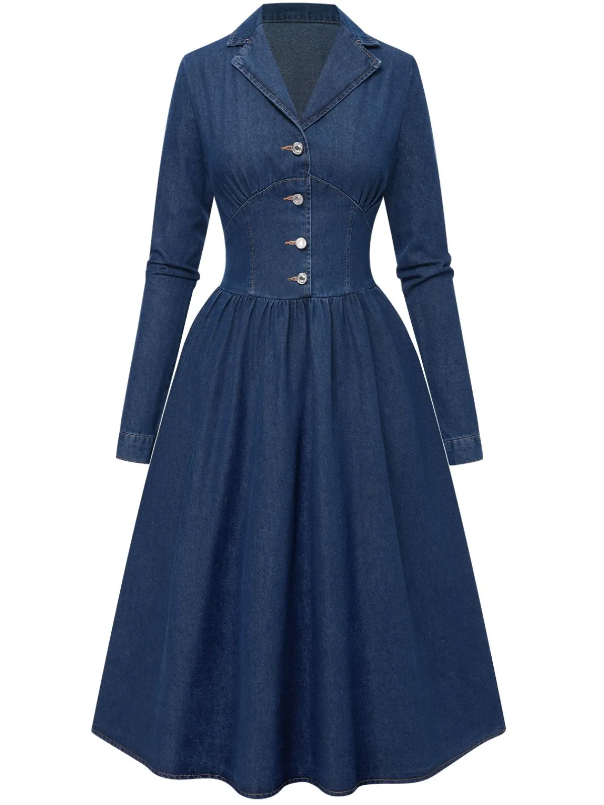 Clearance Retro Stage Blue 1970s Notched Collar Long Denim Dress Deep Blue