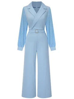 Discount Retro Stage Blue 1930s Notched Collar Patchwork Jumpsuit Light Blue