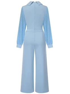Discount Retro Stage Blue 1930s Notched Collar Patchwork Jumpsuit Light Blue