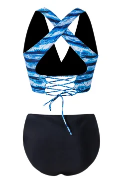 Discount Retro Stage 1950s Ocean Stripes Swimsuit Blue
