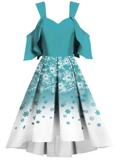 Clearance Retro Stage 1950s Off Shoulder Snowflake Dress Blue