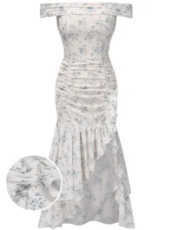 Online Retro Stage 1930s Off-Shoulder Floral Ruffles Hem Dress Blue