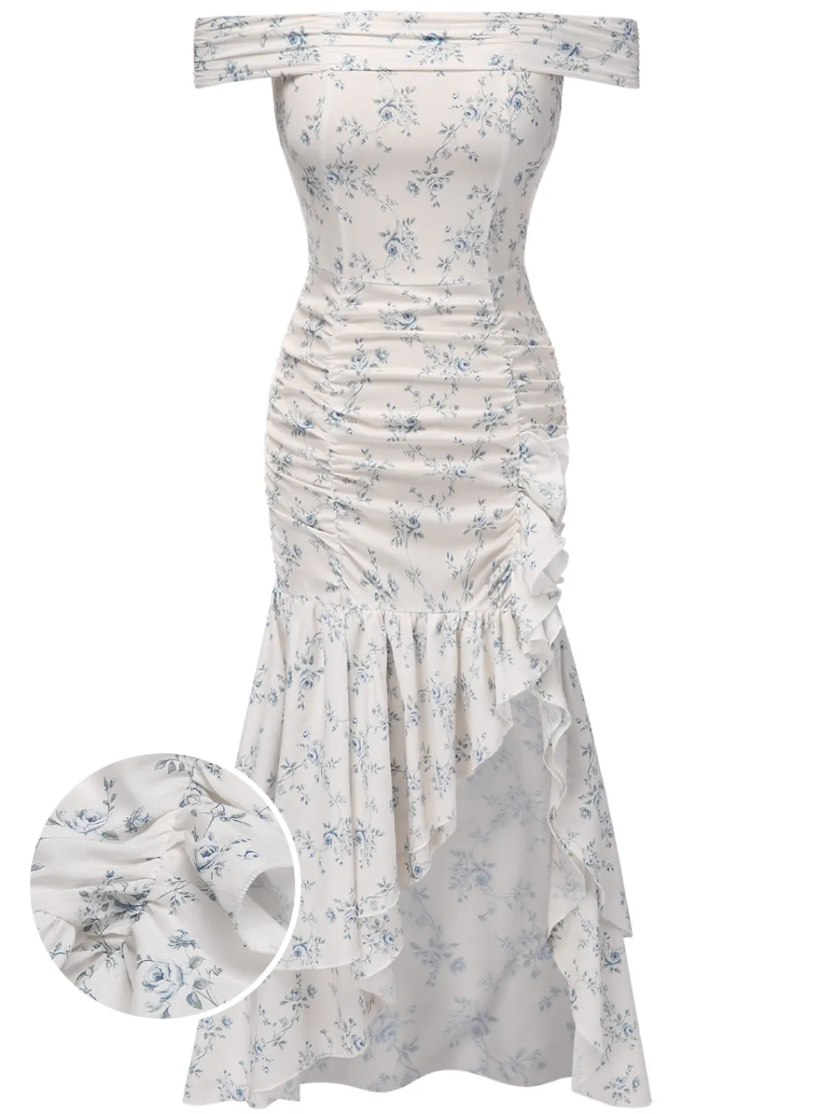 Online Retro Stage 1930s Off-Shoulder Floral Ruffles Hem Dress Blue