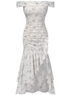 Online Retro Stage 1930s Off-Shoulder Floral Ruffles Hem Dress Blue