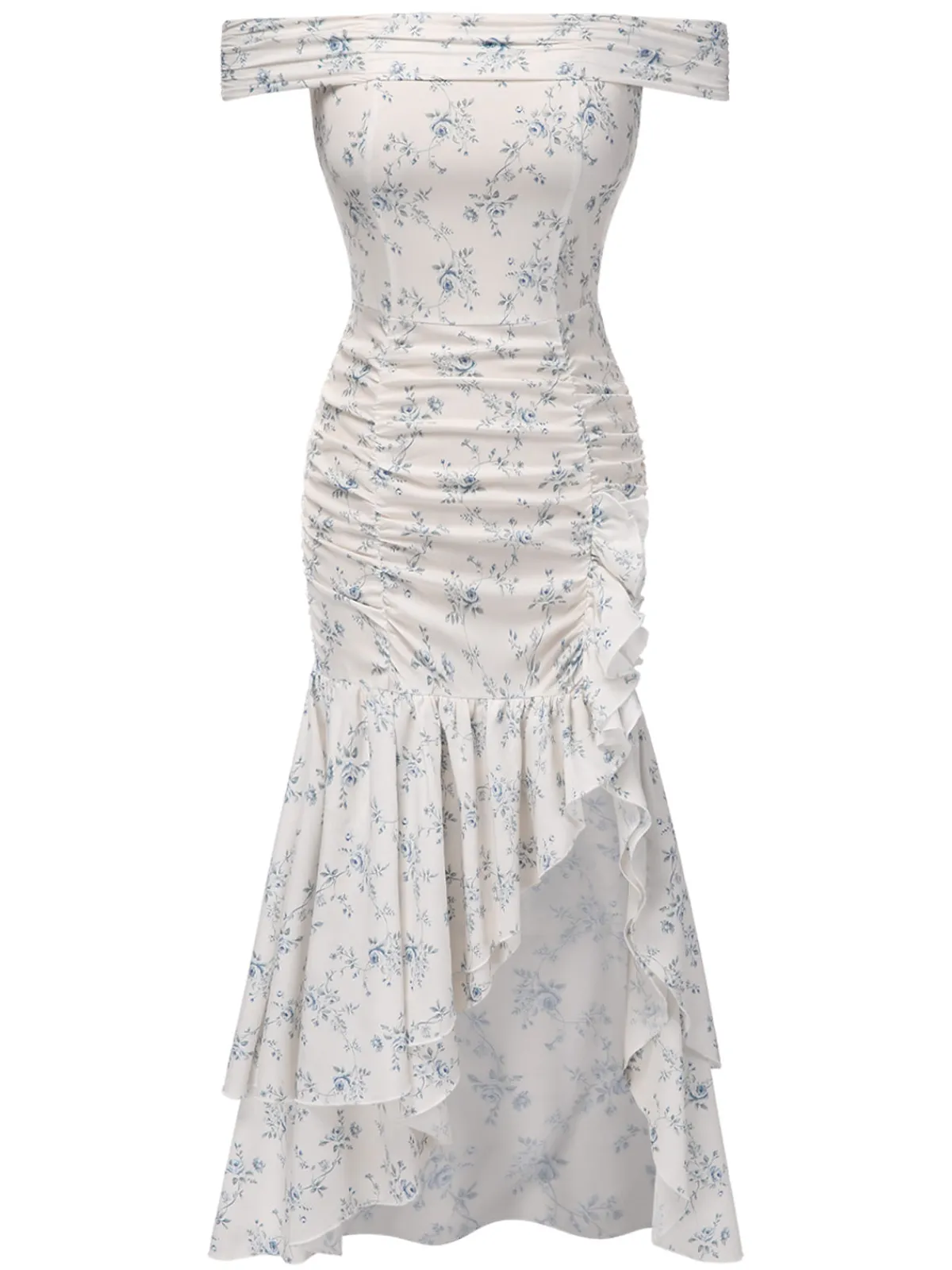 Online Retro Stage 1930s Off-Shoulder Floral Ruffles Hem Dress Blue
