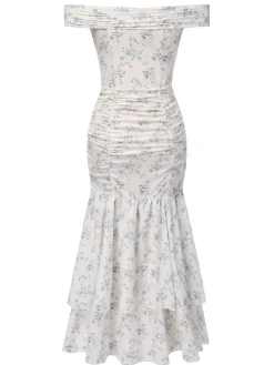 Online Retro Stage 1930s Off-Shoulder Floral Ruffles Hem Dress Blue