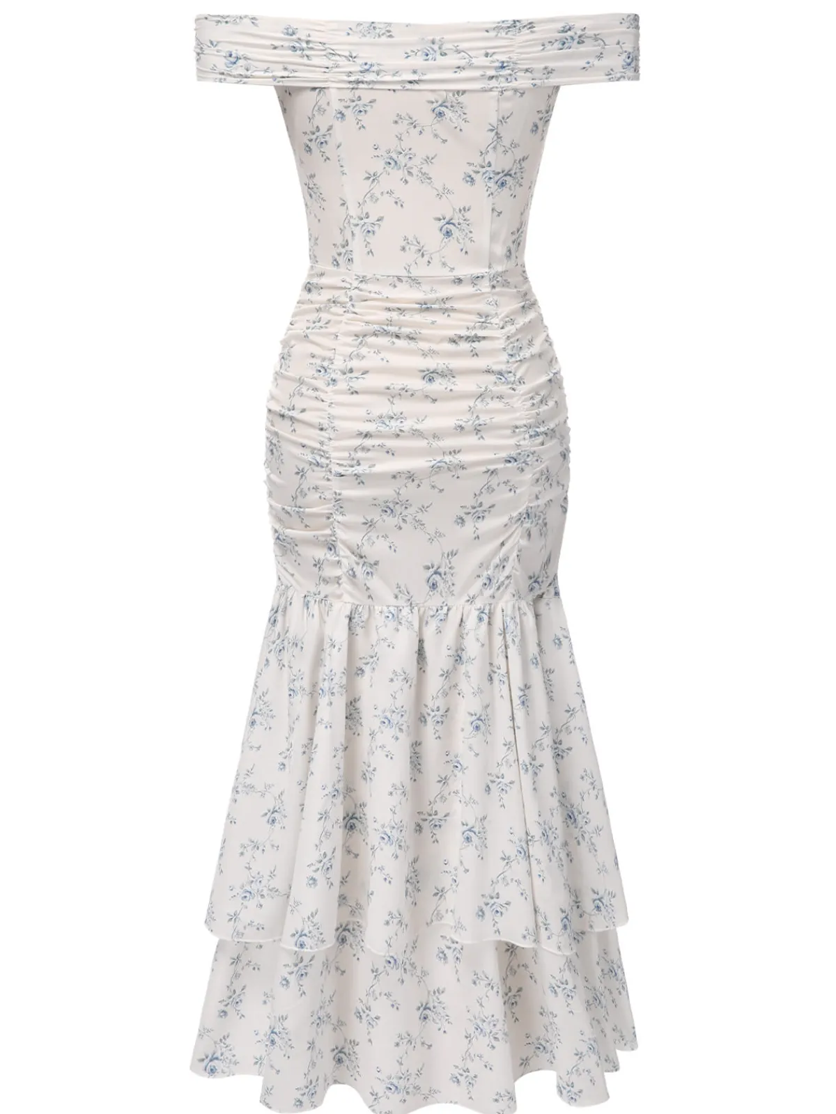 Online Retro Stage 1930s Off-Shoulder Floral Ruffles Hem Dress Blue