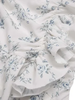 Online Retro Stage 1930s Off-Shoulder Floral Ruffles Hem Dress Blue
