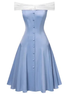 New Retro Stage 1950s Off-Shoulder Tulle Princess Dress Blue
