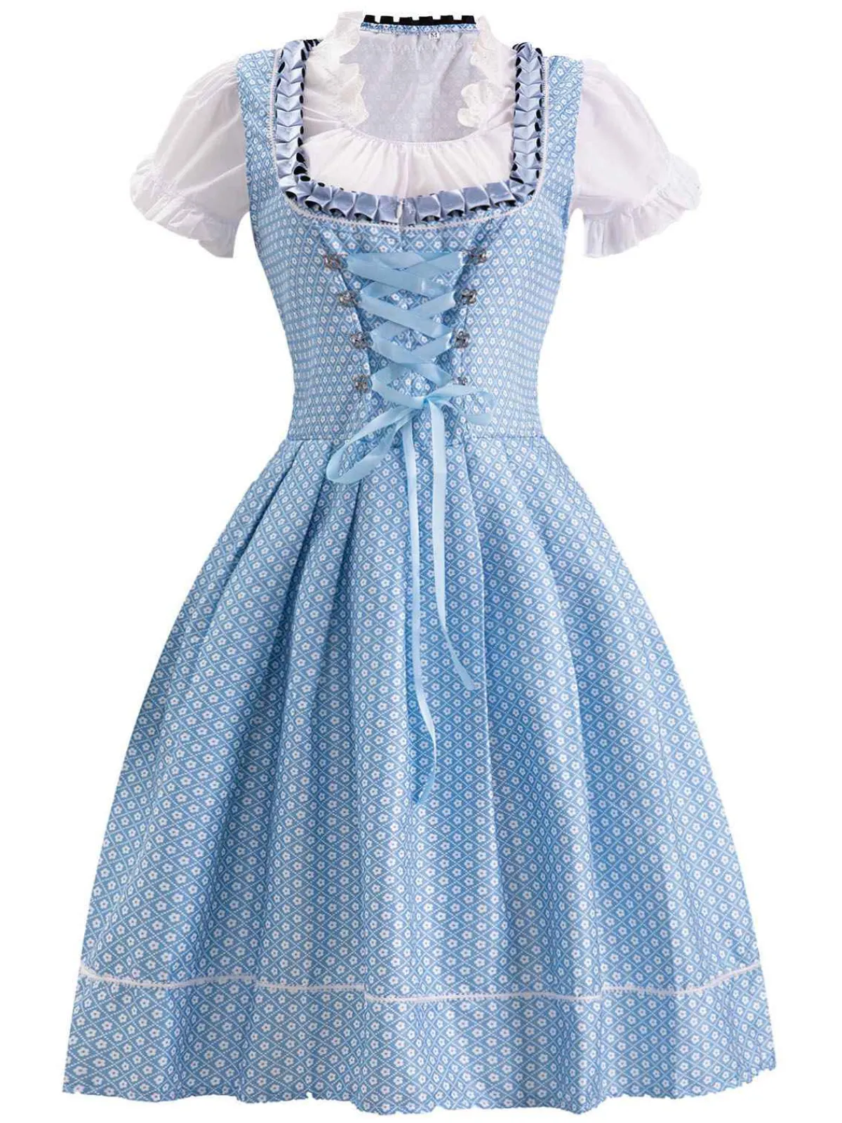 Discount Retro Stage 1950s Oktoberfest Lace Patchwork Dress Set Blue